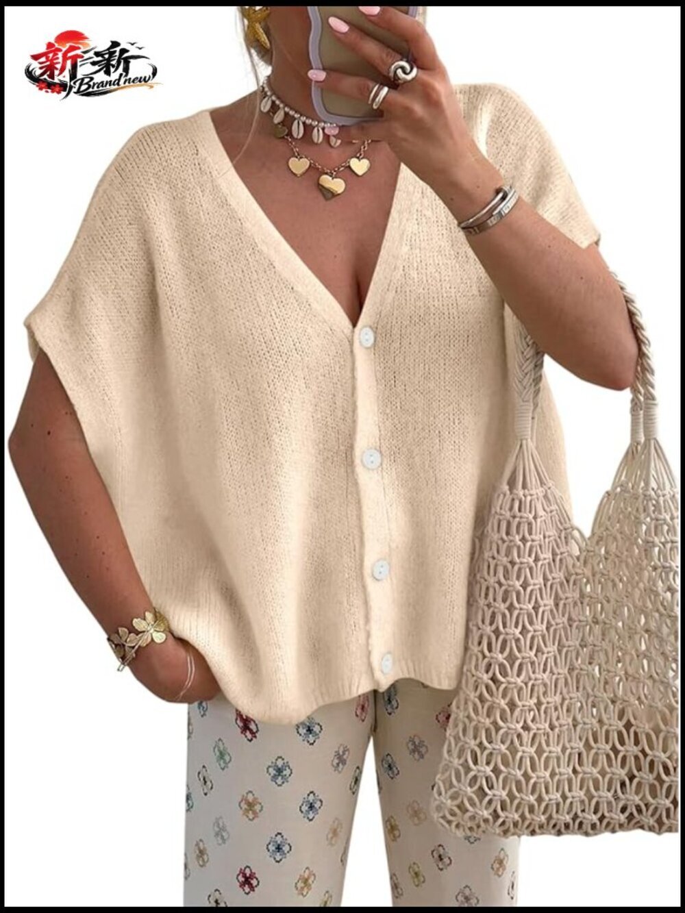 Oversized Batwing Sleeve Lightweight Knit V-Neck Cardigan Sweater